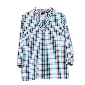 Talbots Plaid Cotton Ruffle Neckline Top